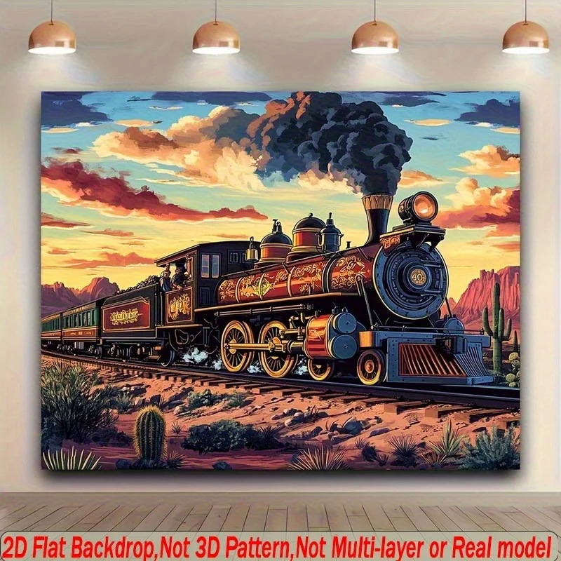 2D Flat, 1pc Vintage Western Desert Landscape Tapestry Wall Hanging - Steam Locomotive & Cacti Boho Train Art with Southwest Loc