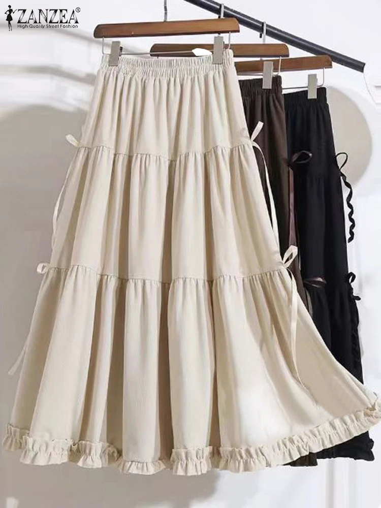 ZANZEA Women Solid Maxi Skirts Fashion Bowtie Stitching Overskirts Bohemian Elastic Waist Faldas 2025 Casual Ruffled Edge Jupes