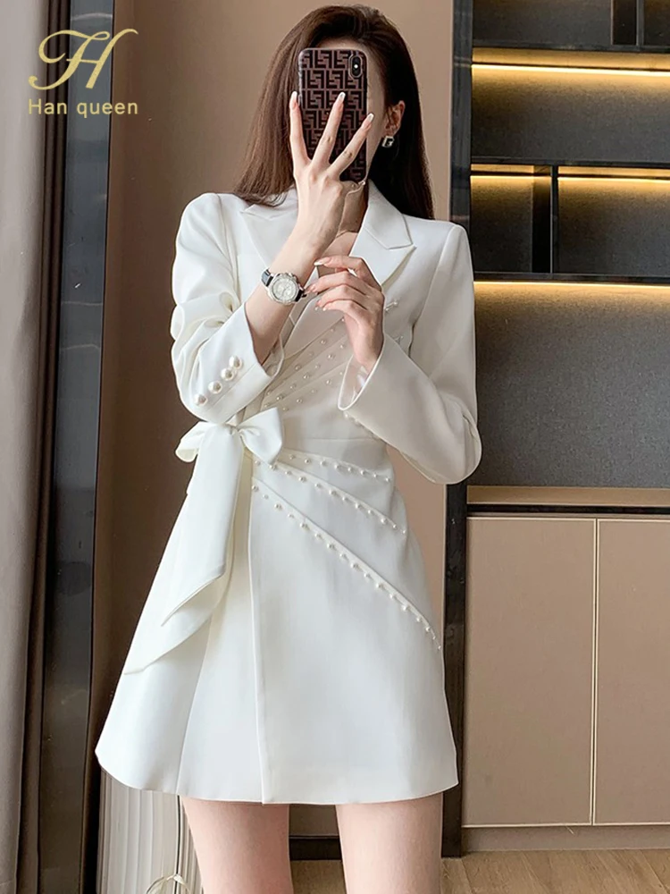 H Han Queen Korean Elegant Fashion Blazer Dress 2022 New Women Autumn Sheath Bodycon Dresses Lace-Up Bead Casual Party Vestidos