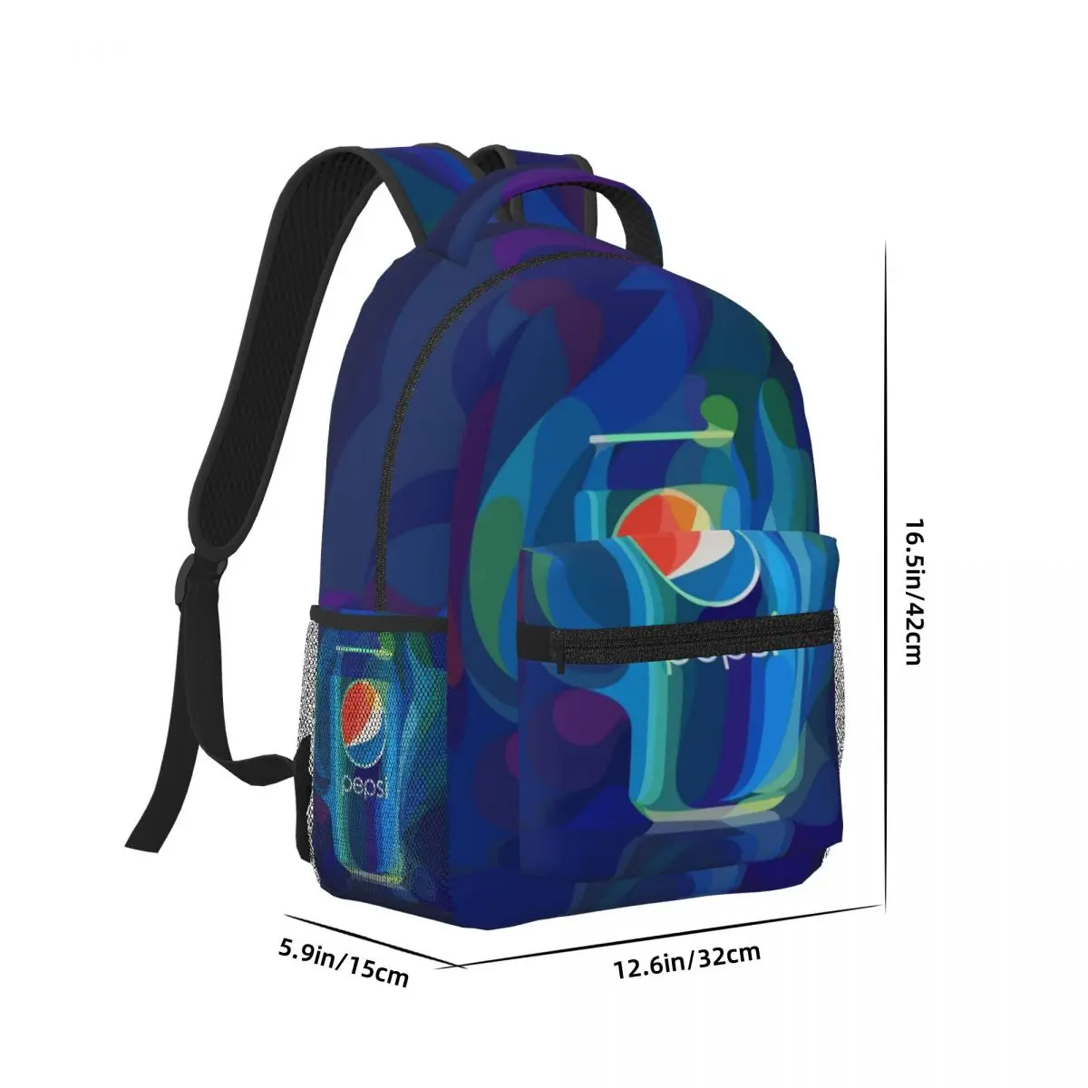 P-Pepsi Novo padrão elegante bolsa escolar estampada mochila leve 16,5 pol.