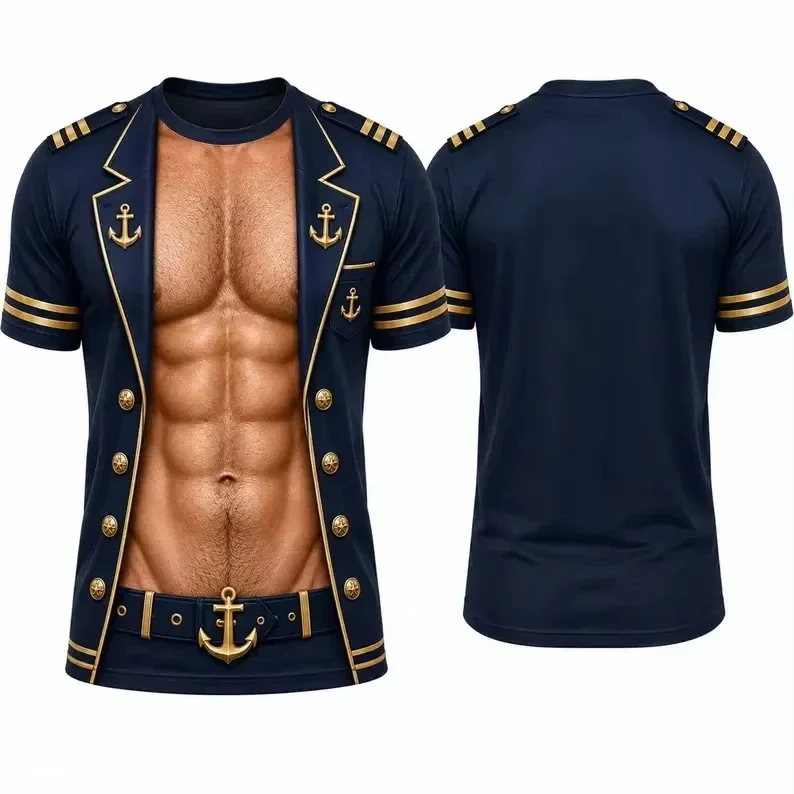 Summer Men 3D Fake Pirate Leather Vest Muscle Tattoo Print Short Sleeve T Shirt Graphic Tee Halloween Cosplay Tee Shirts