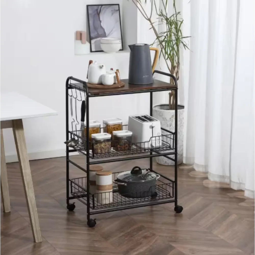 

Kitchen Cart with 2-Basket Drawers and 3-Tier， Store produce, kitchen utensils, towels, and more with the open shelves
