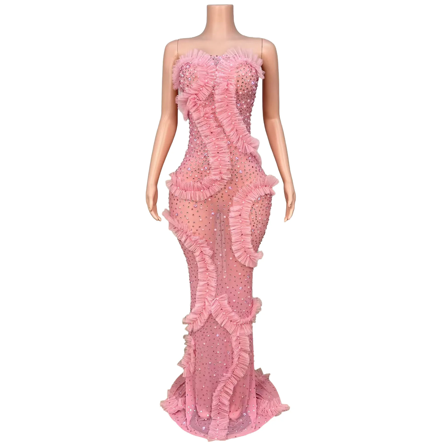 Mitao Luxury See Through Pink Mesh Strapless Mermaid Maxi Gown Wavy Layered Tulle Ruffles Birthday Photoshoot Dress