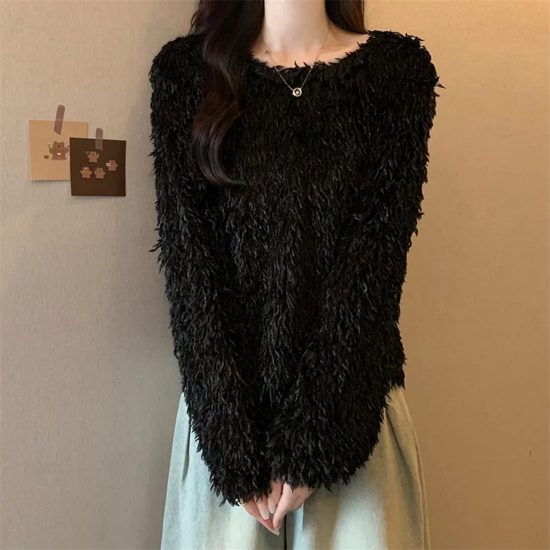 Pullover Pink Round Necked Long Sleeved Knitted Sweater Korean Autumn Sueters De Mujer Feathers Tops Jumper 2024 Sweet