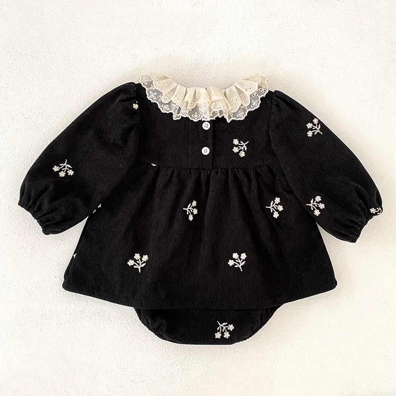 2026 Baby-Mädchen-Cord-Strampler 0-24M Langarm mit Spitzen-Rüschenkragen und Blumenstickerei, Herbst-Strampler für Kleinkinder, Prinzessinnen-Strampler – Detail 5