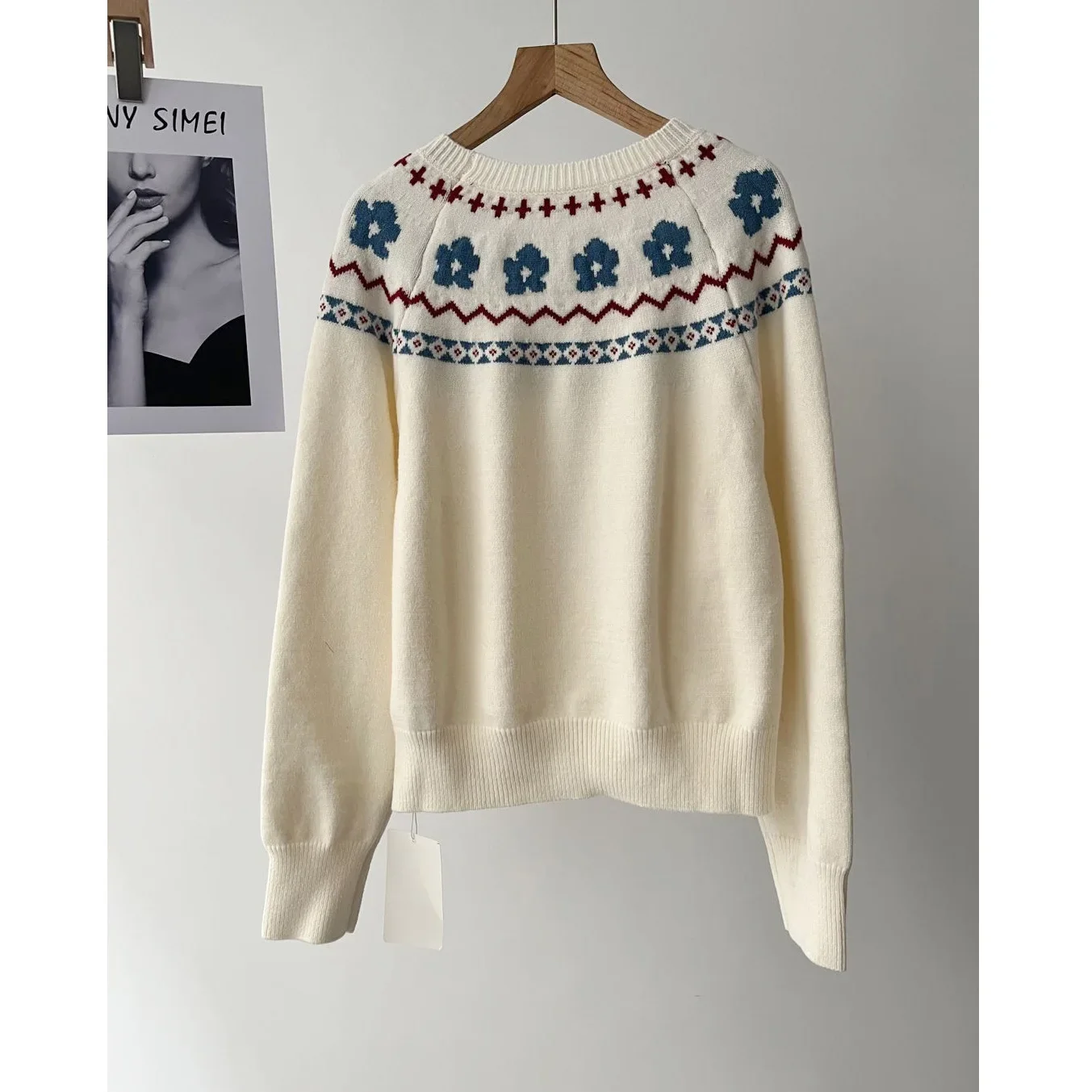 Festival atmosphere three-dimensional flower fair island pullover cream white knitted sweater women 077