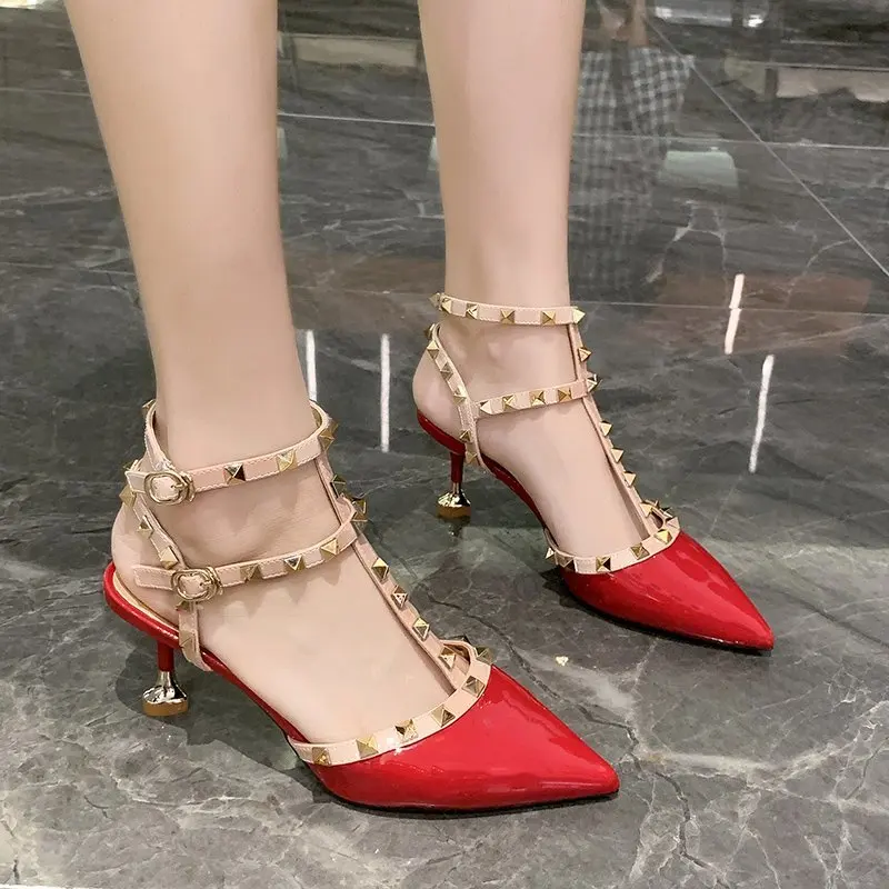 Rivet pointed sandals,2025  new fashionable slim heel high heels, sexy buckle closure, mixed strap, shiny surface women's shoes