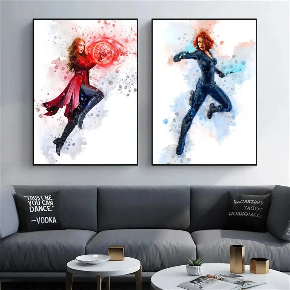 Miniso Disney Superhero Poster Female Hero Picture Black Widow Scarlet Witch Watercolor Wall Art Children Canvas Room Decor Gift