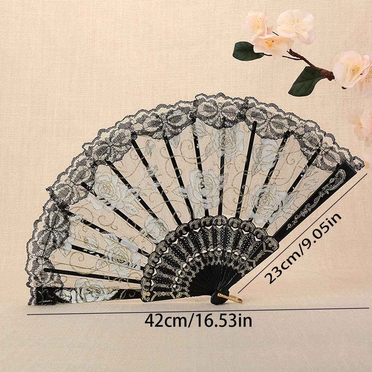 1PC Fashion Simple Ladies Personalized Lace Rose Lace Folding Fan Dance Shooting Props Compact and portable, ideal for gift-givi