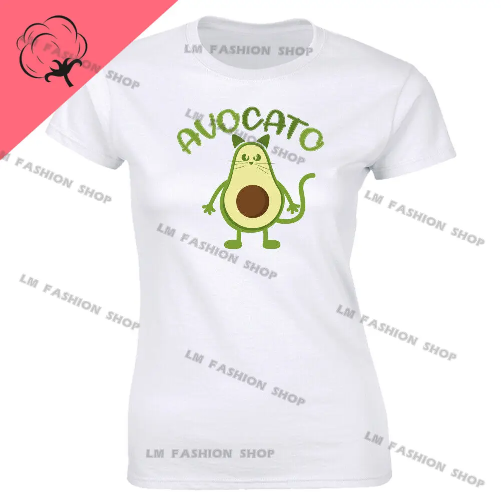 Avocato Cute White Women and Men Clothing Cotton Printed T-Shirt for Women Funny Avocado Cat Shirt