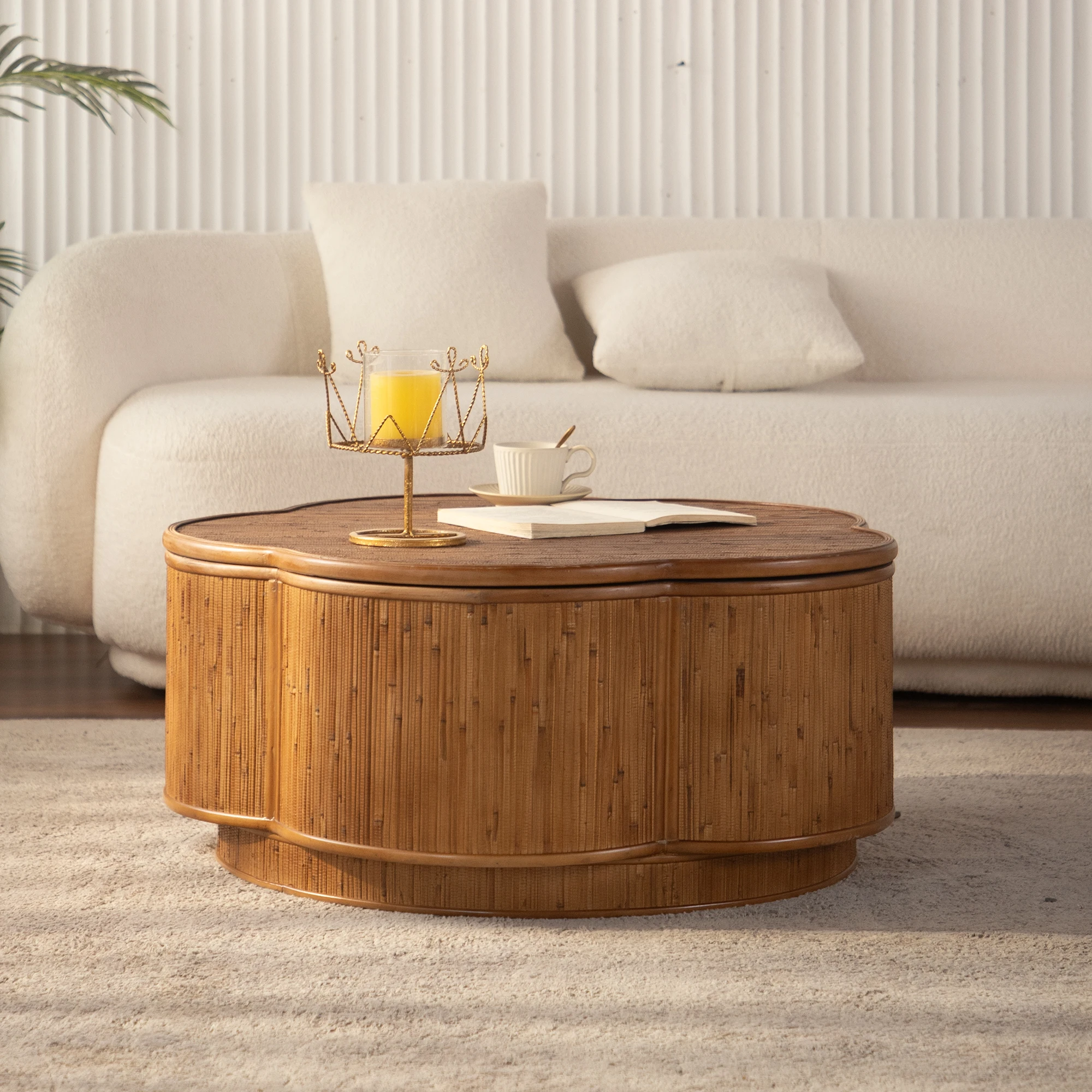 Flower-Shaped Rattan Coffee Table with Lift-Off Lid Storage, Boho-Chic Style, Perfect for Cozy Living Rooms & Compact Spaces