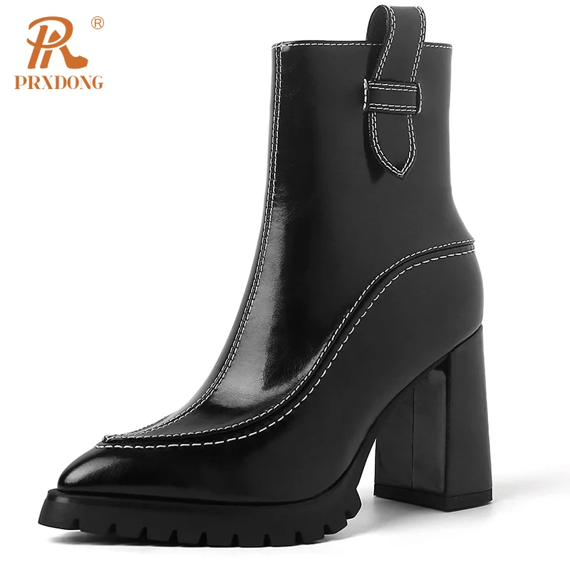 PRXDONG New Brand Genuine Leather Shoes Woman ANkle Boots Chunky High Heels Platform Black Brown Zipper Dress Party Lady Shoes