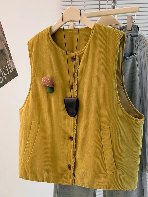 

Ретро-жилет из вельвета для женщин, осенне-зимняя верхняя одежда с цветочным кружевом, теплый топ для повседневной носки, утепленный, с круглым вырезом