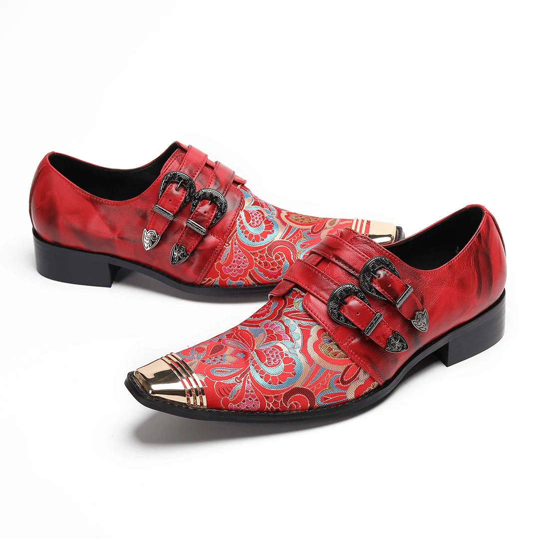 

Red Pointed Toe Floral Party Prom Dress Shoes Male Business Leather Shoes Big Size Brogue Footwear Men Buckle Oxford Shoes