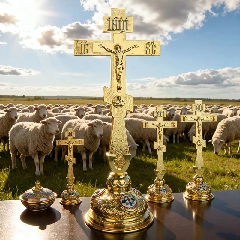 Premium Gilded Orthodox Cross Collection Embossed Alloy Jesus Crucifix Design Desktop Standing Cross And Hand‑Held Blessing