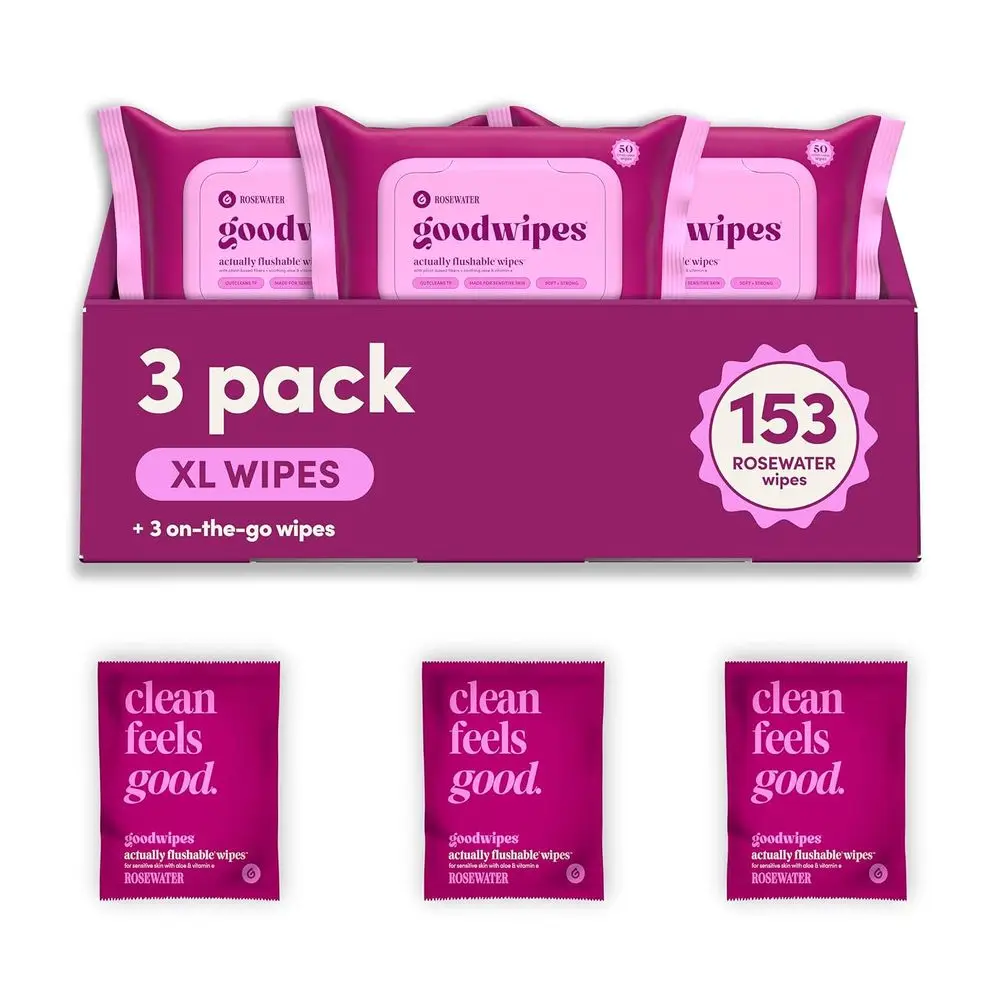 

Extra Large Adult Wet Wipes with Vitamin E, Rosewater Scent, 153 Count (3 Packs + 3 Individually Wrapped), Safe for Sewer & Sept