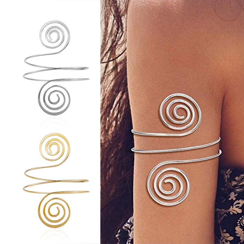 

Alloy Spiral Armband Swirl Upper Arm Cuff Armlet Bangle Bracelet Egyptian Costume Accessory for Women Gold Silver Drop Shipping