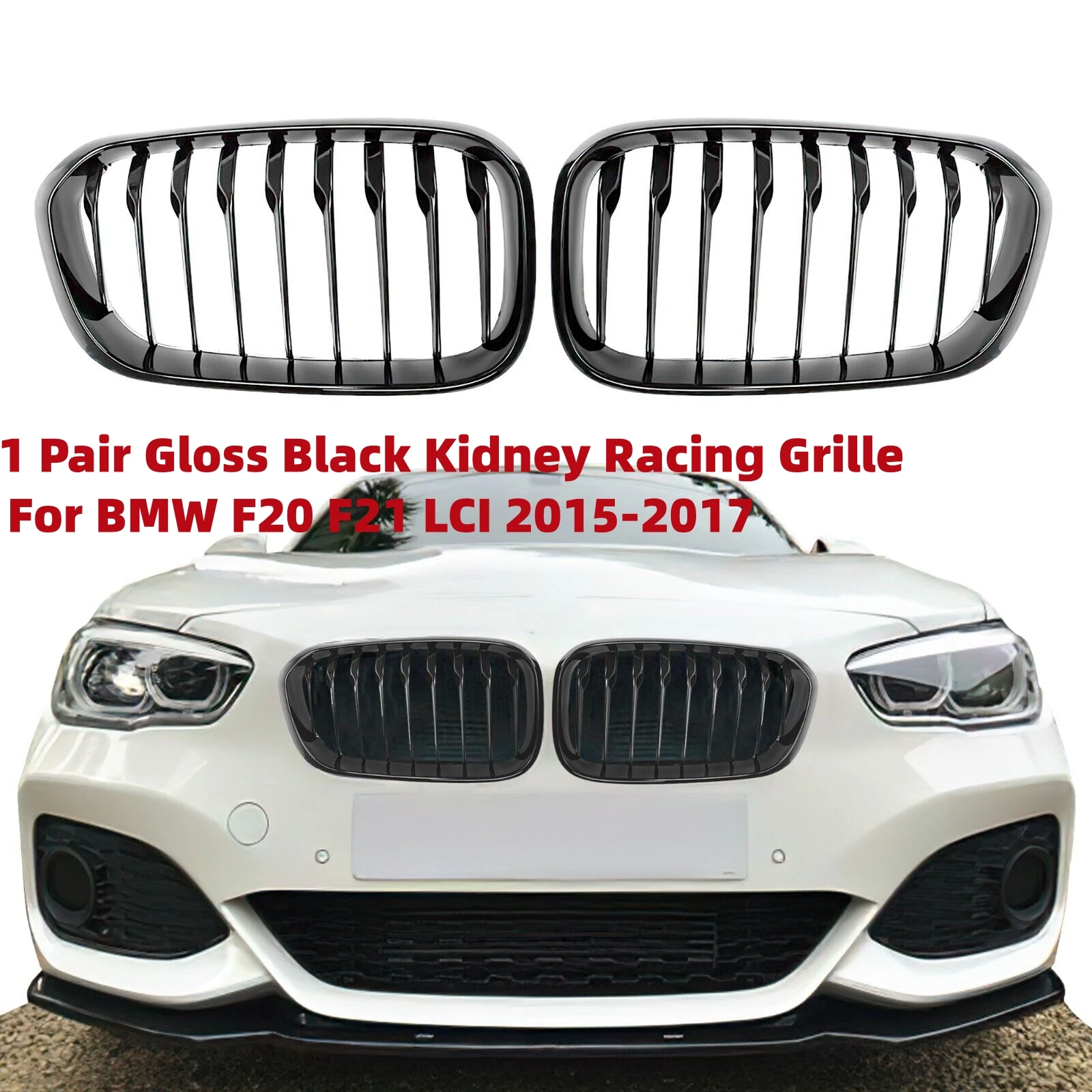 For BMW 1-Series F20 F21 2015 2016 2017 Kidney Raring Grille Glossy Black Grill 1Pair Car Front Bumper Sports Slat Grille