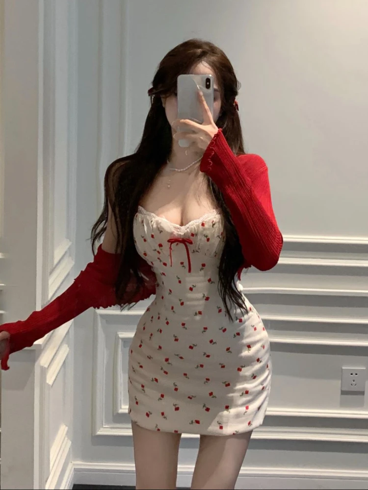 Bodycon Sexy 2 Piece Dress Set Woman Long Sleeve Cardigan + Strap Floral Y2k Mini Dress Even Party Korean Fashion Suit Vintage