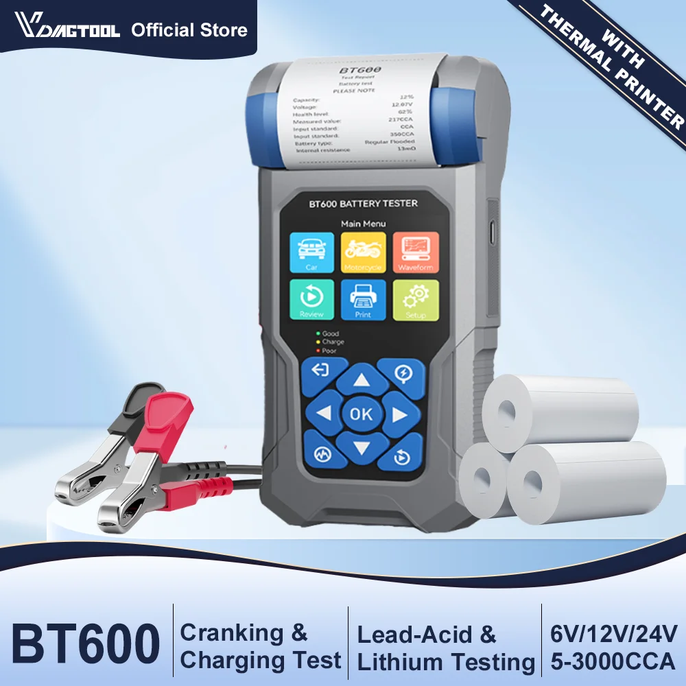 VDIAGTOOL BT600 Probador de Baterías de Coche con Impresora, Analizador de Sistema de Arranque y Carga Automática de 6-24V para Baterías de Litio y Alternadores