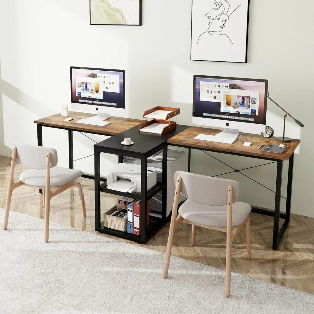 Two Person Desk with Storage Shelves, 92.5" Double Computer Desk with PC case Stand for Home Office,Retro