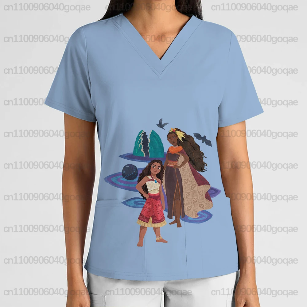 Disney Moana Ocean Girl Print Dames Verpleegstersuniform V-hals Korte Mouw Frosted Top Schoonheidssalon Dierenwinkel Tandarts T-shirt