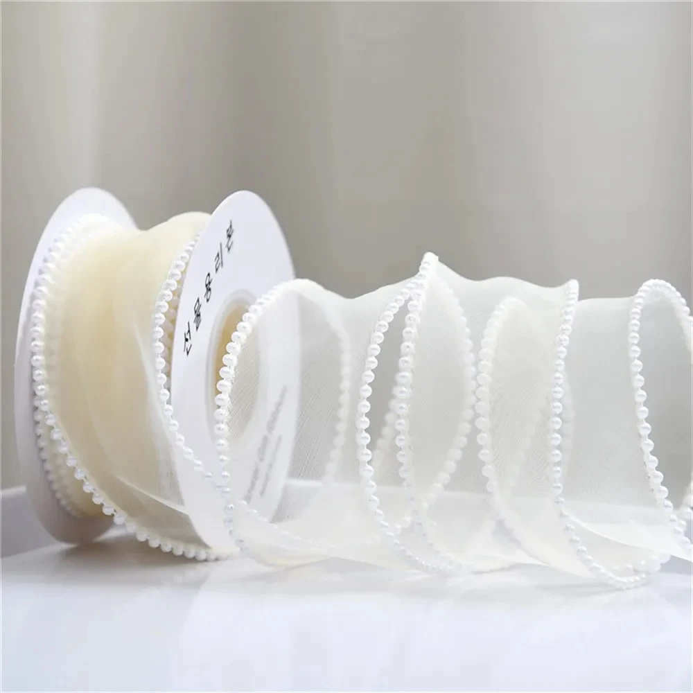 Organza Ribbon with Beads Wavy Edge Ribbon For Flower Bouquet Gifts Packaging Wedding Party Decoration Sewing Supplies DIY Craft