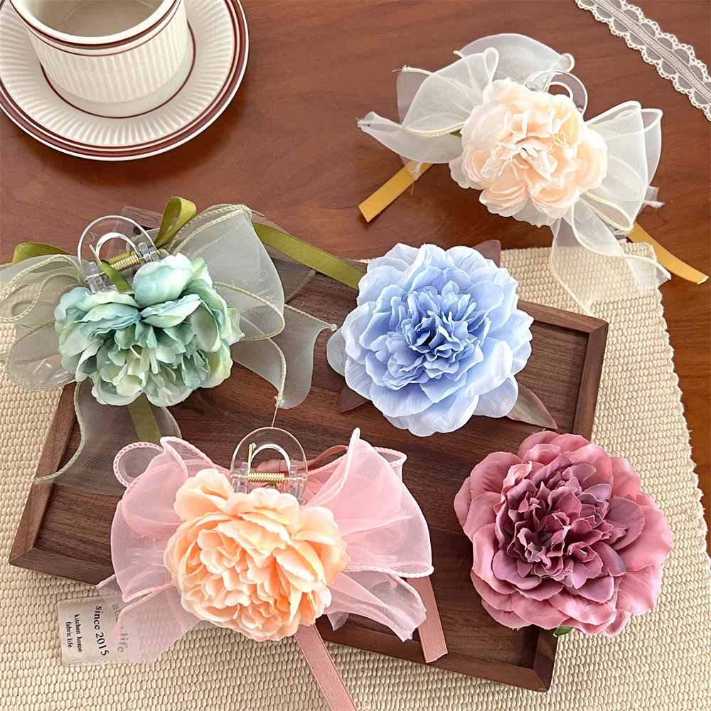 2Pcs French Style Retro Peony Hair Clip Back Of Head Grab Clip SpringSummer Vacation Atmosphere Hair Accessory