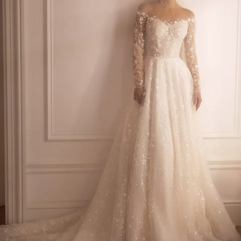 فساتين زفاف بيضاء لامعة مزينة بالدانتيل ملصق عاري الكتفين تنورة بأكمام طويلة مصنوعة فستان زفاف فستان زفاف #2