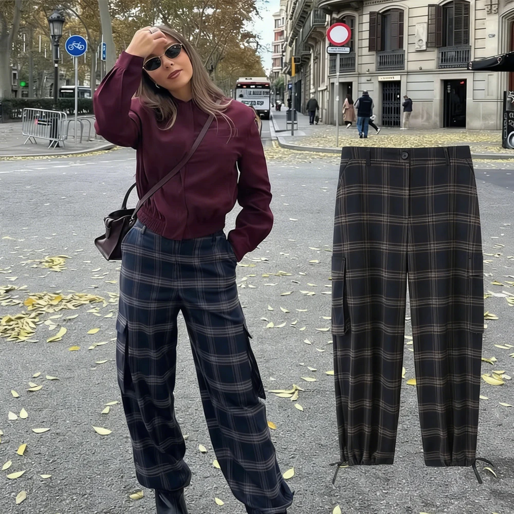 Damen Lässige Karierte Latzhose mit Taschen Trendige Laternen-Cargohose Frühjahr/Herbst 2026 Mode High-Street Damenhose