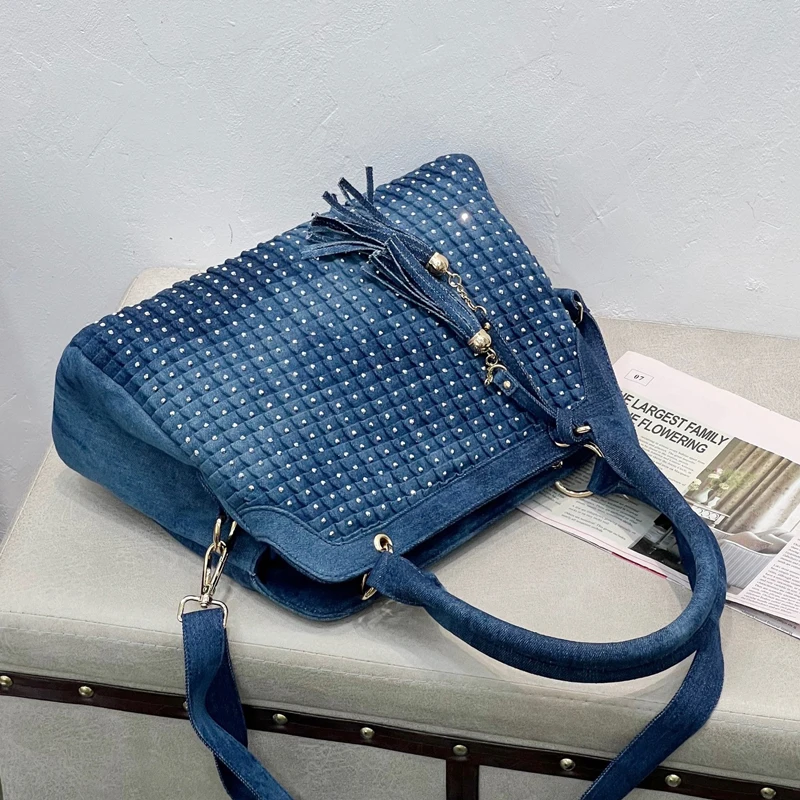 Bag Women's New Denim Bag Woven Belt Drill Handmade Bag Personality Willow Nail Bag Tidy One Shoulder Crossbody Bag Canvas Bag