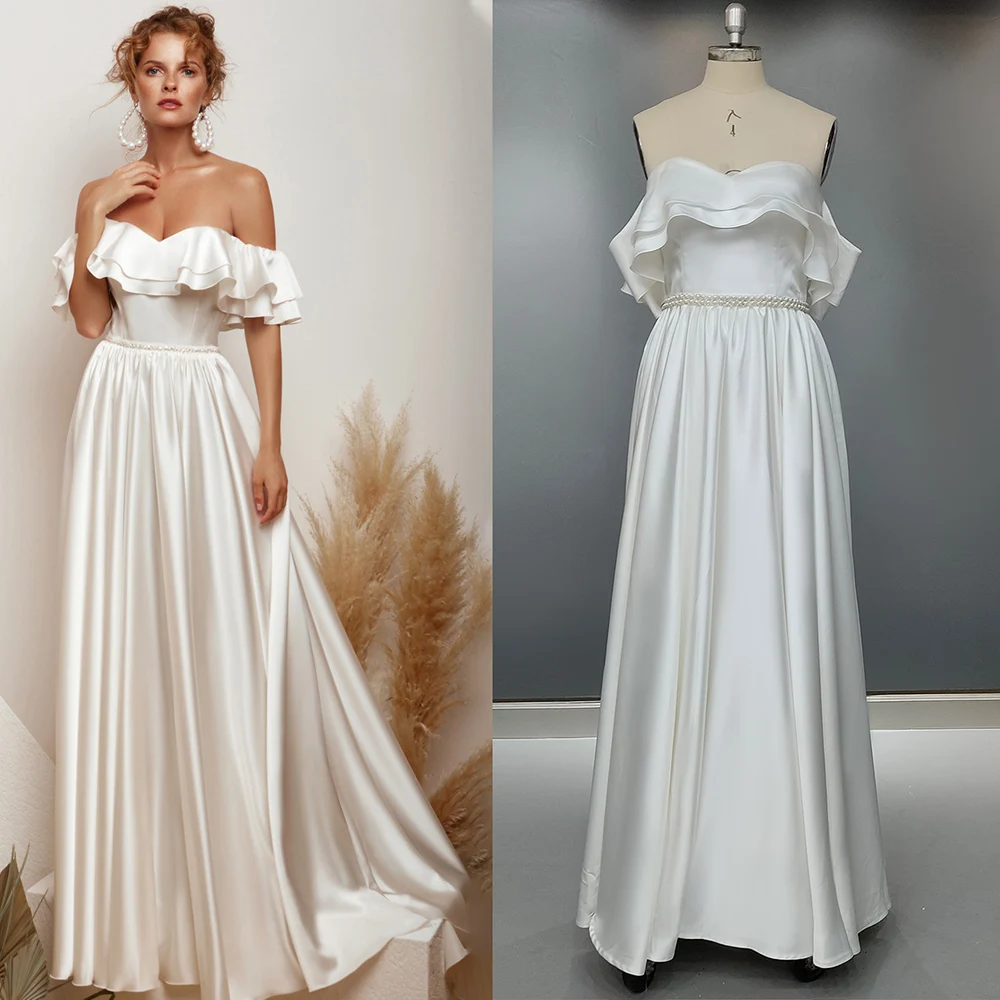 Potargane Satin Off The Shoulder suknia ślubna Vintage linia koronkowa wykonywana na zamówienie Up koraliki 2021 Plus rozmiar elegancka suknia ślubna 10068