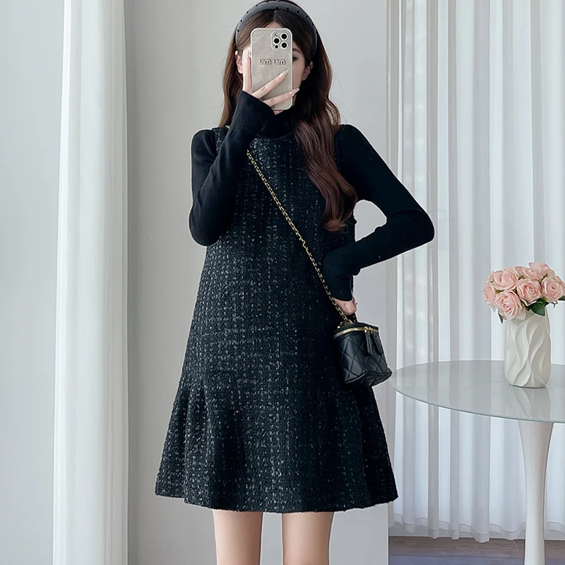 Autumn Short Women's Clothes Set Black Basic Shirts Woolen Sundress Twinset for Maternity Elegant A-line Dress Suits Mini Dress