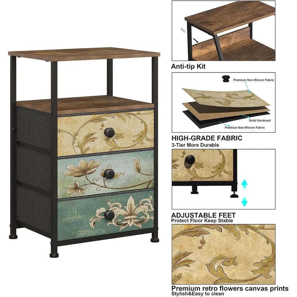 Meja Nakas Kain 3 Laci Vintage dengan Rak Penyimpanan, Meja Samping Bergaya Farmhouse untuk Kamar Tidur, Ruang Tamu, Sofa