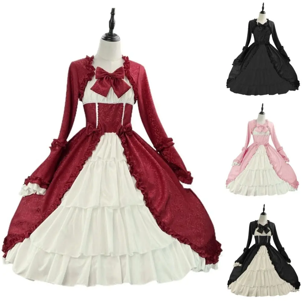 

Sweet Square Neck Court Lolita Dress Gothic Cosplay Medieval Dress Women Fairy Tight Waist Bow Dress Party