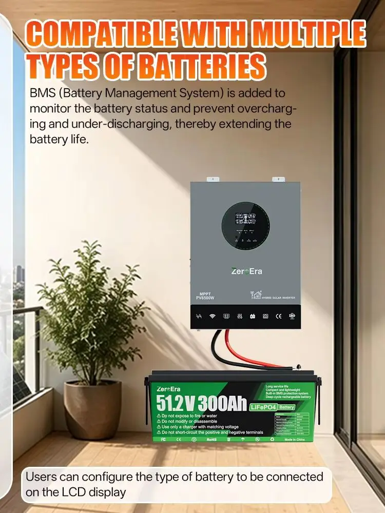 ZeroEra 6200W Solar-Hybrid-Wechselrichter 48V DC zu AC 230V 50Hz Reiner Sinus-Wechselrichter mit 120A MPPT-Controller, funktioniert ohne Batterie, On/Off-Grid, APP-Überwachung für