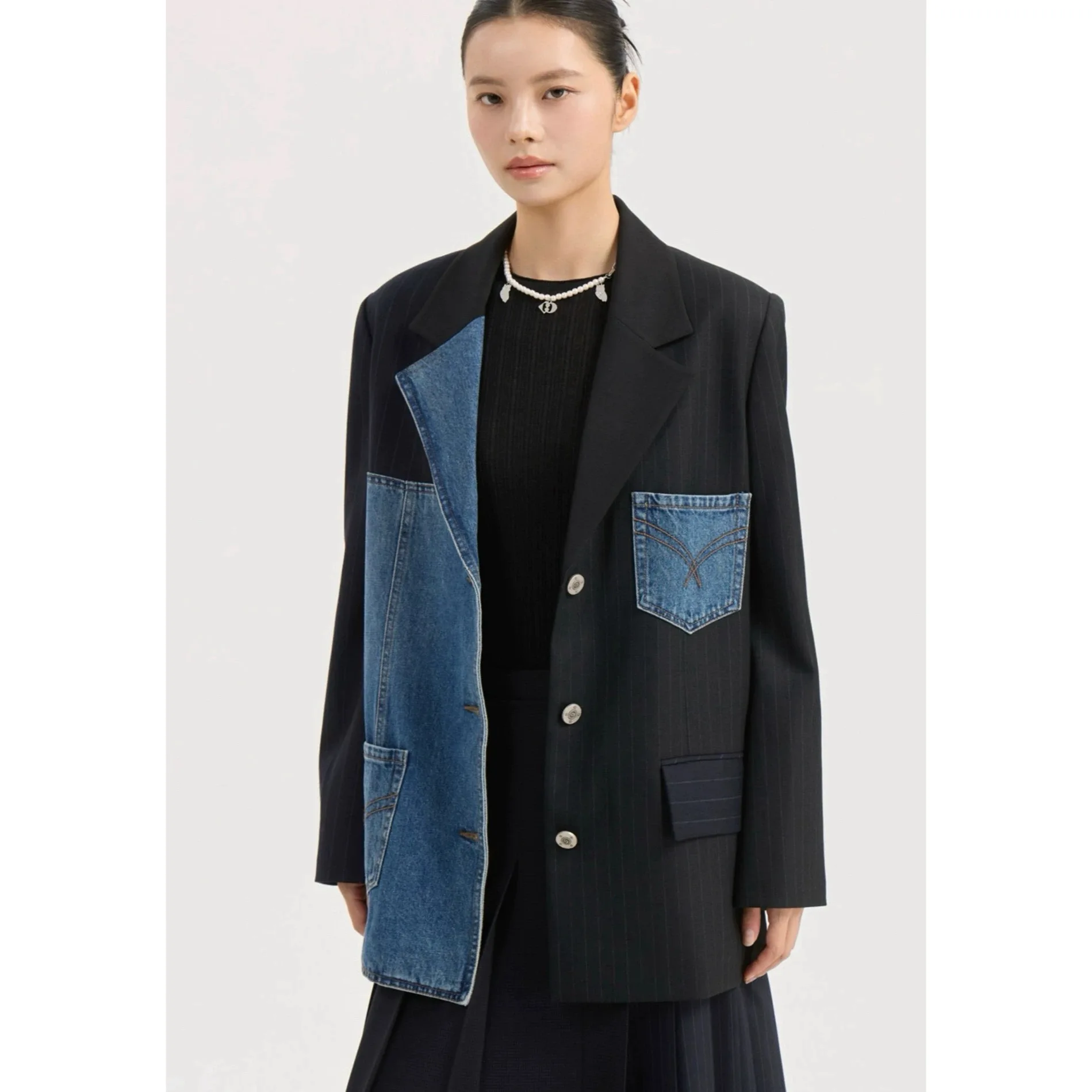 

Lemon Cheese LUC25 Autumn Casual Collar Denim Patchwork Stripe Long Sve Woolen Suit Jaet Women's Commute Sle Loose Fit
