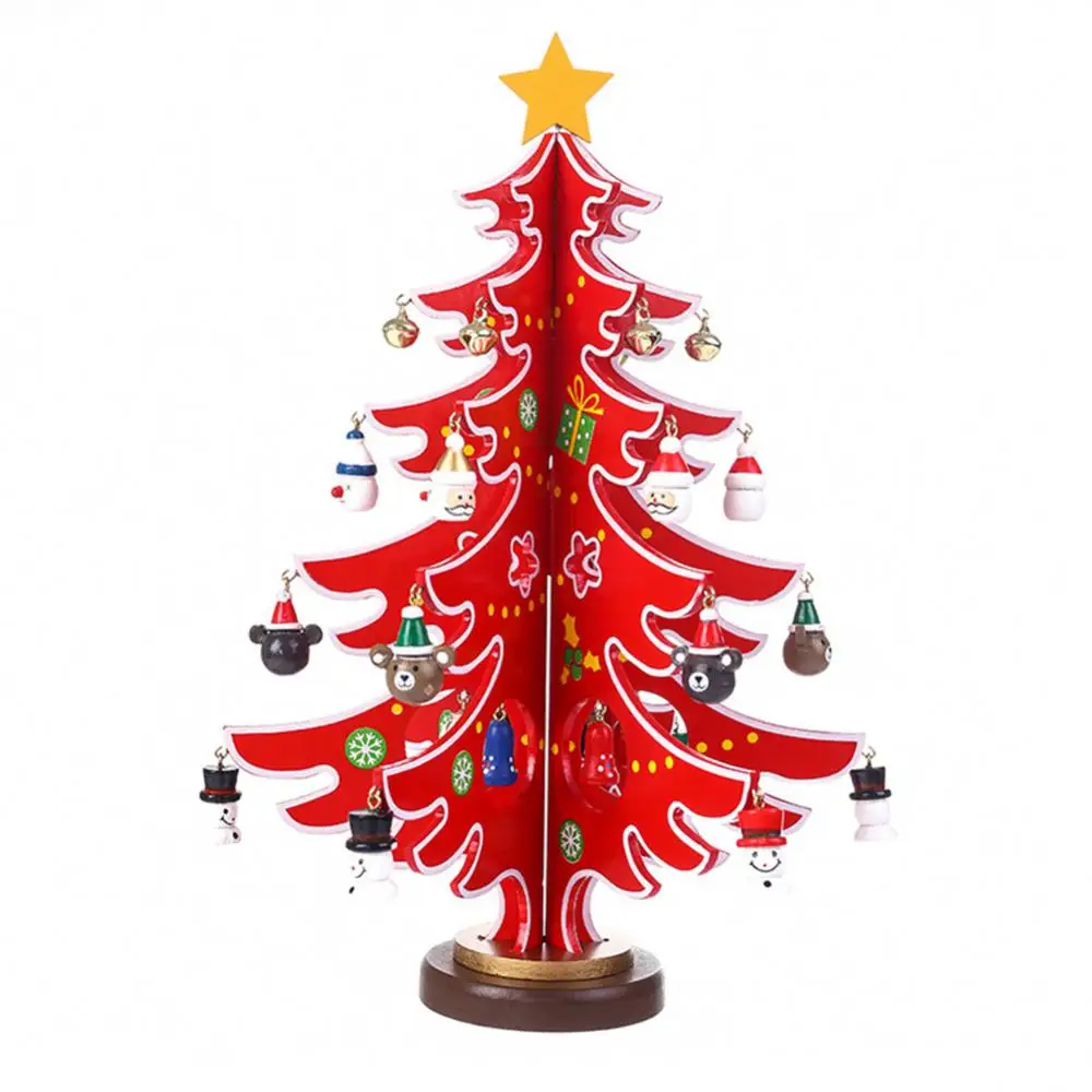 Wooden Desktop Christmas Tree Red Christmas Decorations Three-piece Xmas Gift Green Birthday Gift Kid Christmas Tree