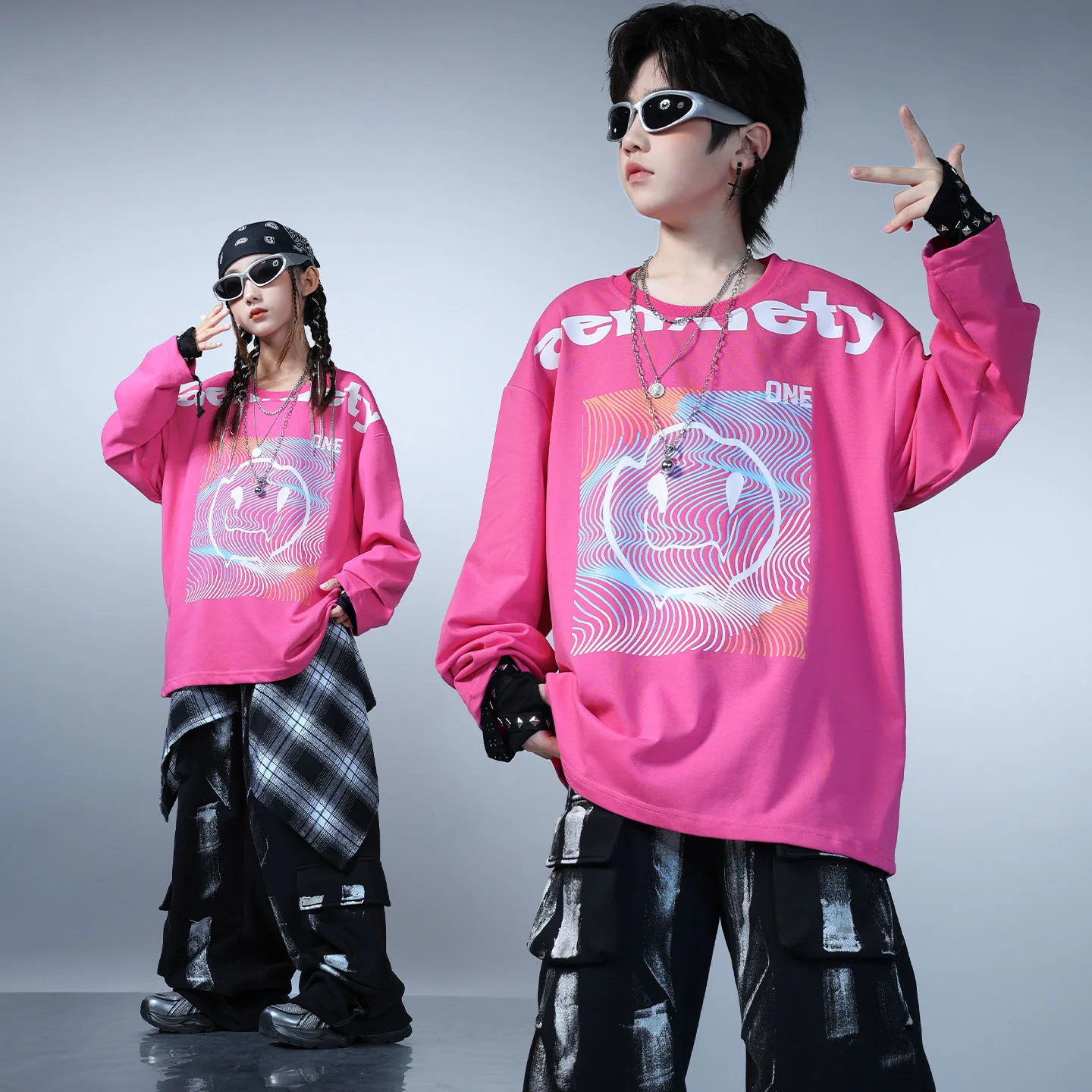 Dziecięca odzież Kpop Hip Hop Bluza z nadrukiem róży Czarne spodnie cargo z wieloma kieszeniami dla dziewczynki i chłopca Strój do tańca ulicznego