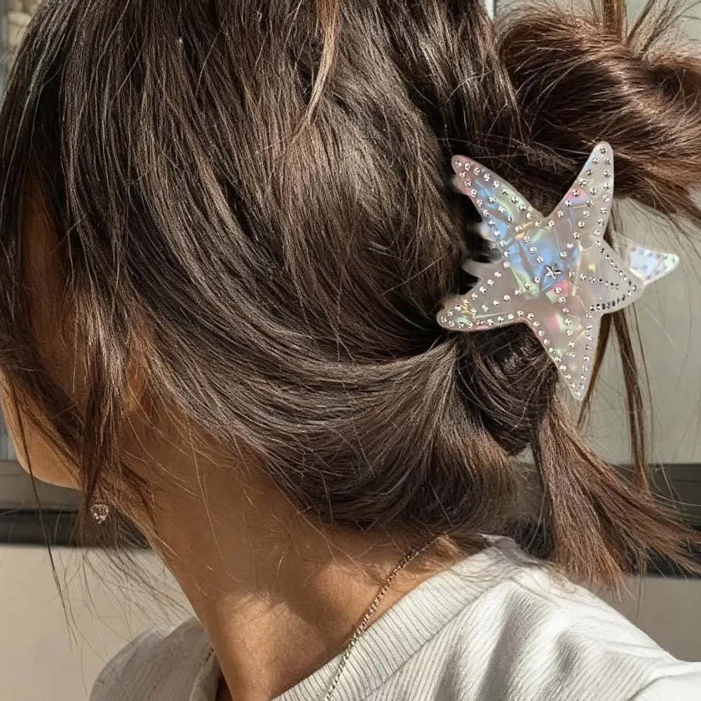 

Заколка-краб для волос в виде морской звезды с инкрустацией стразами, пятиконечная звезда, разноцветная, белая, водонепроницаемая, большая, из ацетатного волокна