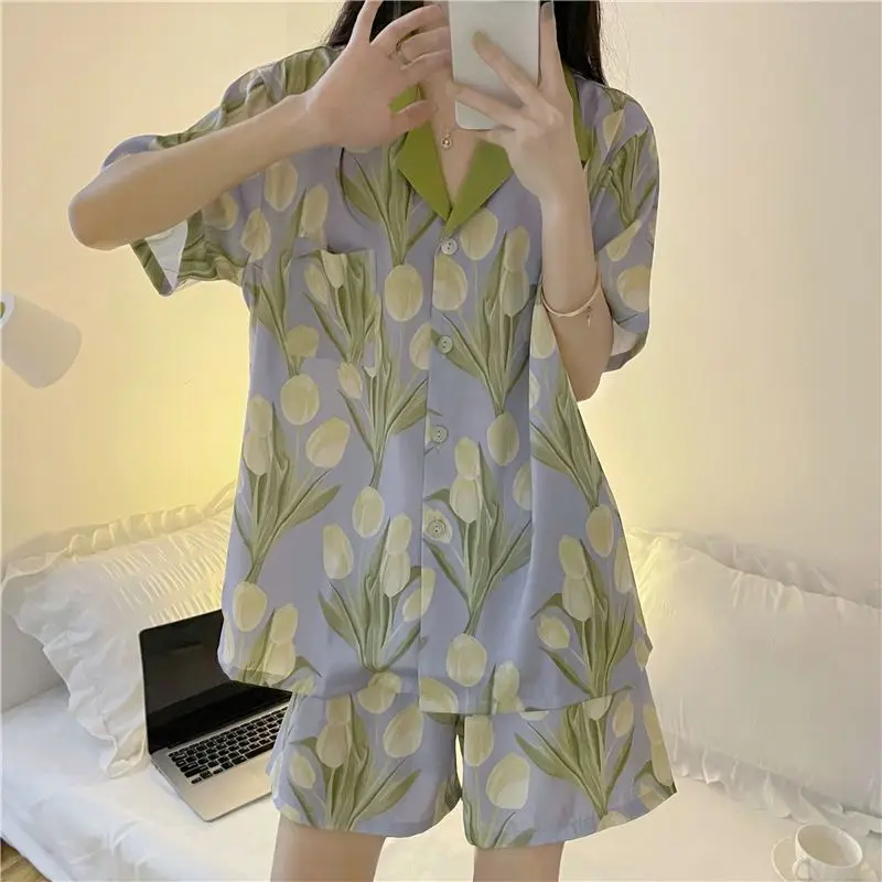 Ladies Pajamas Y2K Short Sleeve Shorts Sleepwear Cute Pijama Summer Pyjamas Popular Nightwear Women's Home Clothes 2 Piece New