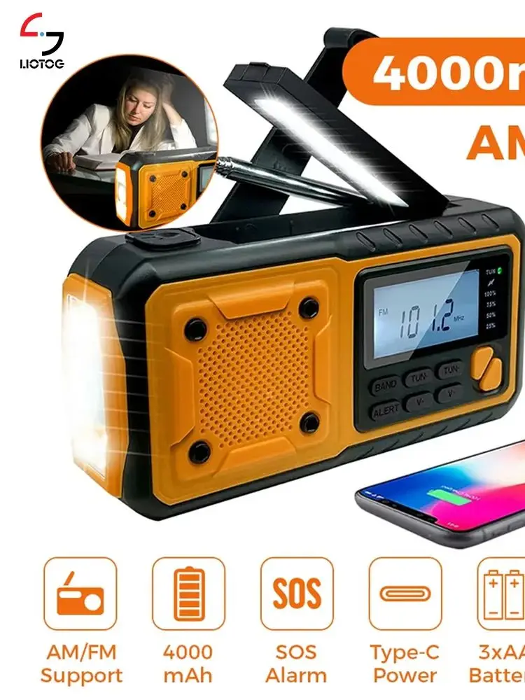 LOTOTG Draagbare noodradio op zonne-energie Handslinger Opladen AM/FM Weerradio Led-leeszaklamp Bank Telefoonoplader - afbeelding 2