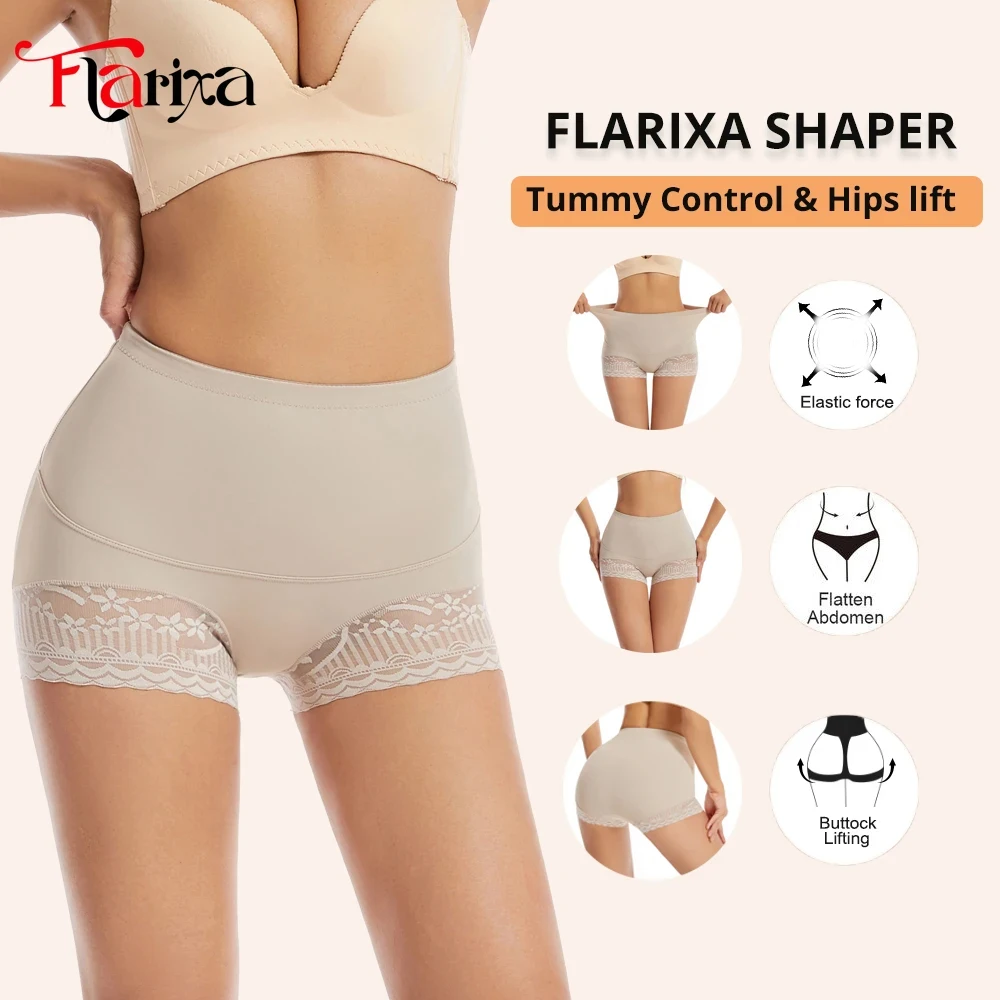 Flarixa Women Seamless High Waist Tummy Control Shorts Panties with Lace Trim Flat Belly Shaping Underwear Butt Lift Boyshort