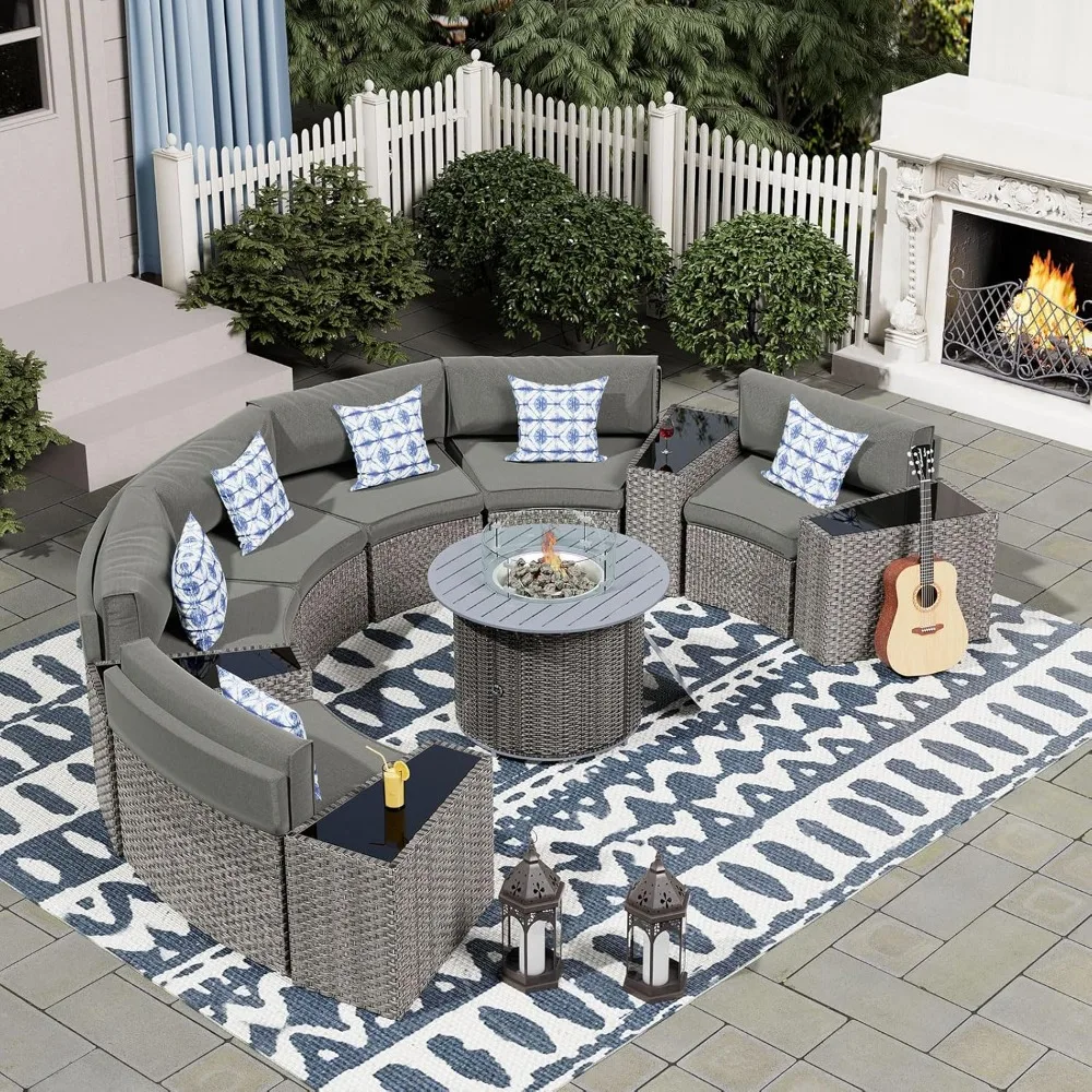 

Patio Furniture Set w/Fire Pit Table,Fully Assembled Outdoor Sectional Sofa,11 Pieces Heavy Duty Furniture Set w/Coffee Table