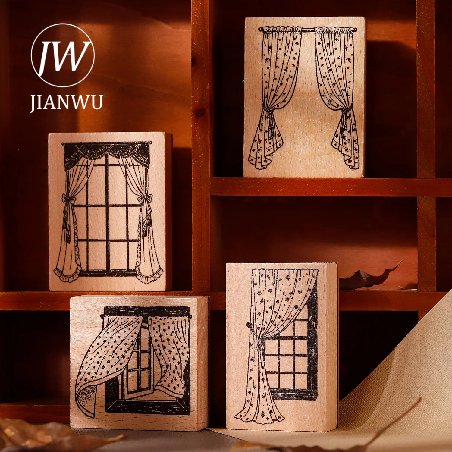 JIANWU Vintage Lace Flower Window Curtains Landscape Material Collage Wooden Stamp Creative Journal Student Supplies Stationery