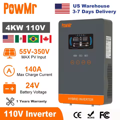 PowMr 4KW Hybrid Solar Inverter 24V to 110V Off Grid Inverter Work without Battery with MPPT 140A Solar Battery Charger