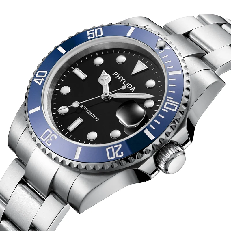 PHYLIDA Blue SUB 10Bar 40mm Men\'s Black Dial Diver Watch Automatic MIYOTA Movement Sapphire Crystal Stainless Steel Lume Bezel