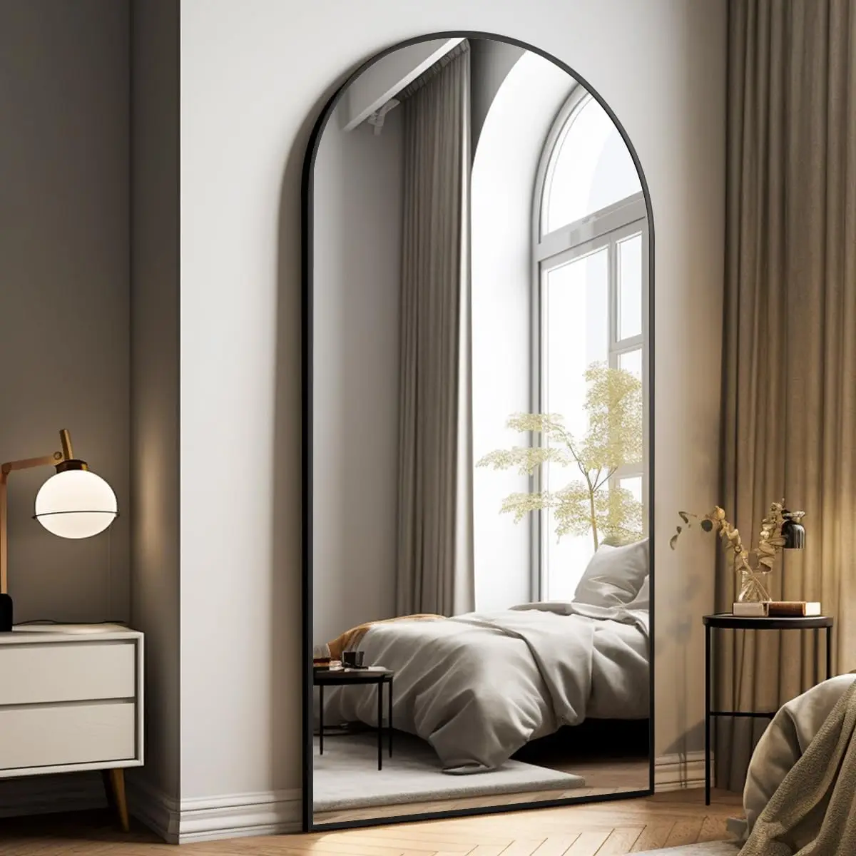 

76x34 Inch Arched Full-Length Mirror with Black Metal Frame, Stand/Wall Mounted for Bedroom, Living Room, Gym