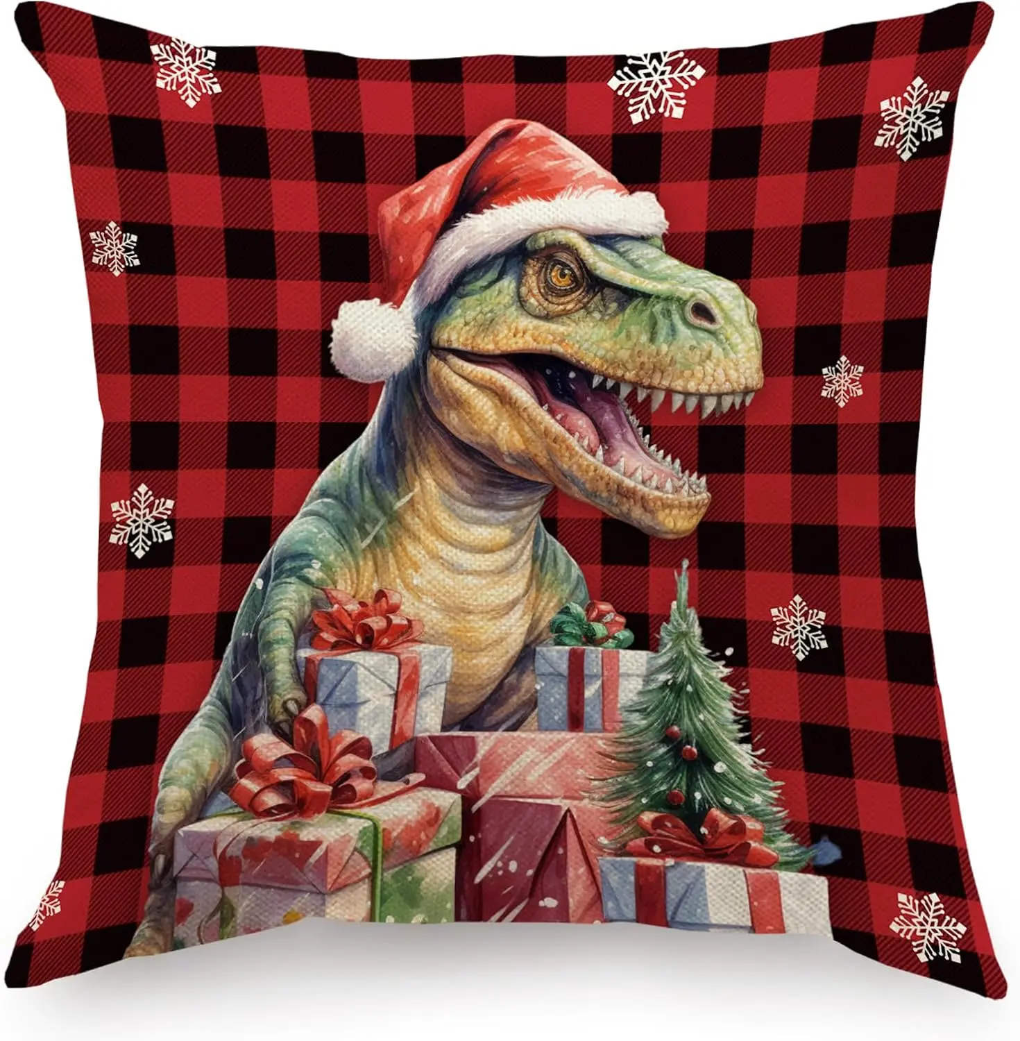 

Christmas Dinosaur Grid Throw Pillow Cover Merry Christmas Box Snowflake 18 x 18 Inch Linen for Sofa Couch Decor