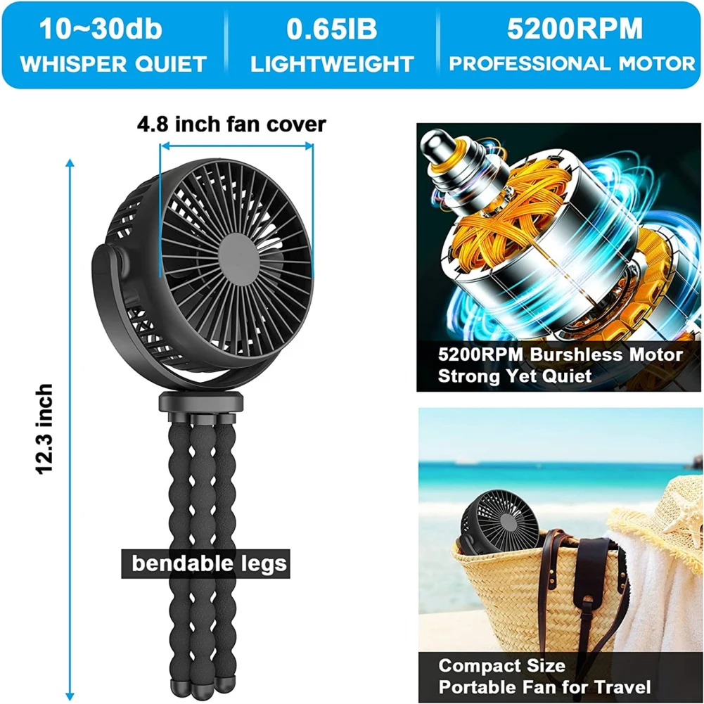 Tragbarer hand gehaltener Mini-Lüfter 5200 Grad drehbarer mAh batterie betriebener Clip am Kinderwagen lüfter mit flexiblem Stativ im Großhandel